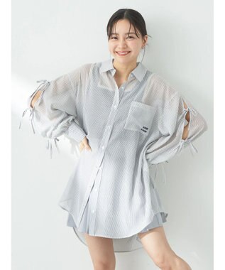 earth music&ecology 袖スリットリボンロングシャツ Gray