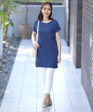 Tiaclasse 【洗える】フレンチスリーブニットチュニック ブルー