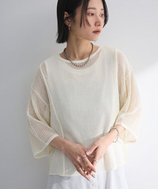 Green Parks 七分袖コットンメッシュラグラントップス Off White