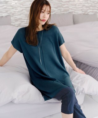 Tiaclasse 【洗える】フレンチスリーブニットチュニック ターコイズ