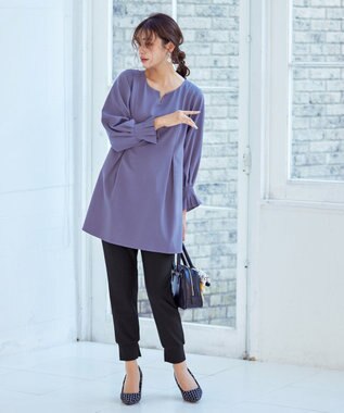 Tiaclasse 【洗える】プリーツパフ袖チュニックブラウス パープルグレー