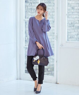 Tiaclasse 【洗える】プリーツパフ袖チュニックブラウス パープルグレー