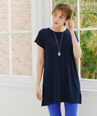 Tiaclasse 【洗える】フレンチスリーブニットチュニック ネイビー