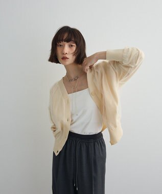 Green Parks チュールドッキングＶネックニットカーディガン Ivory