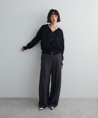 Green Parks チュールドッキングＶネックニットカーディガン Black