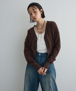 Green Parks チュールドッキングＶネックニットカーディガン Brown