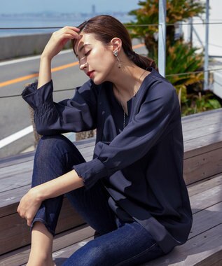 Tiaclasse 【洗える】プリーツパフ袖チュニックブラウス ネイビー