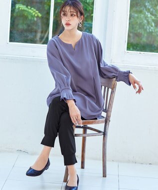 Tiaclasse 【洗える】プリーツパフ袖チュニックブラウス パープルグレー