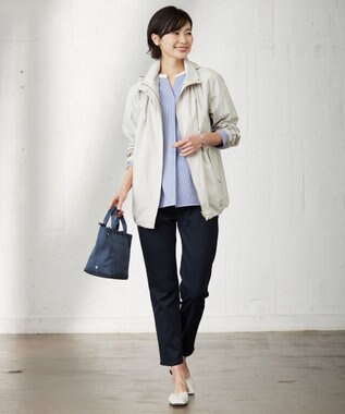 J.PRESS LADIES L ピンストライプジャージー バンドカラー スキッパー カットソー ブルー系1