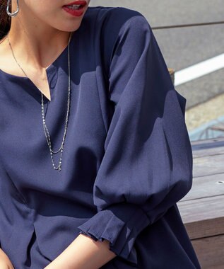 Tiaclasse 【洗える】プリーツパフ袖チュニックブラウス ネイビー