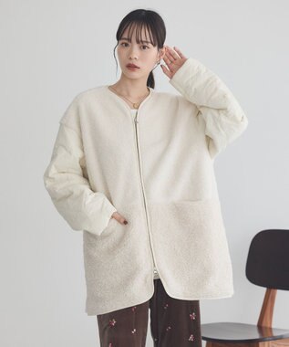 earth music&ecology ボアキルトミドルコート Ivory