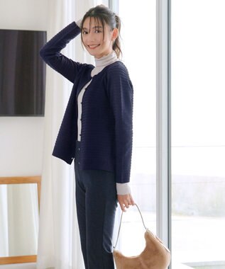 Tiaclasse 【洗える】ボーダー編みニットカーディガン ネイビー