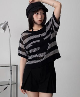 WEGO オフショルメッシュニット（S） グレーボーダー