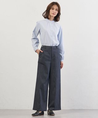 J.PRESS LADIES L BEZコットンナイロン ストライプ フリル襟 ブラウス サックス×ホワイト×ベージュ系