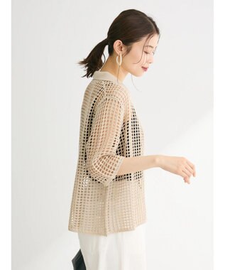 Green Parks メッシュ編み襟付きカーディガン Ecru