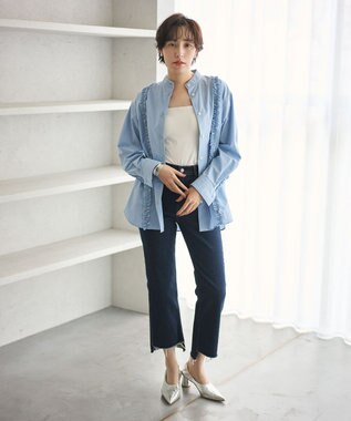 #Newans 【洗濯機可能/シワになりにくい】パネルフリルシャツ ブルーストライプ