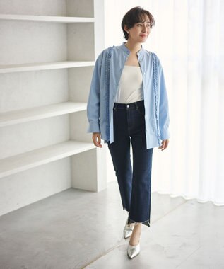 #Newans 【洗濯機可能/シワになりにくい】パネルフリルシャツ ブルーストライプ