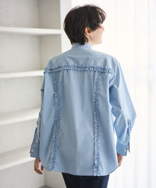 #Newans 【洗濯機可能/シワになりにくい】パネルフリルシャツ ブルーストライプ