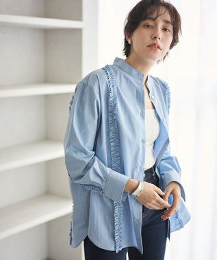 #Newans 【洗濯機可能/シワになりにくい】パネルフリルシャツ ブルーストライプ