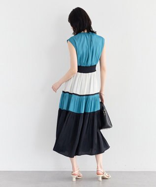 YECCA VECCA マルチカラーシャーリングワンピース Blue Green