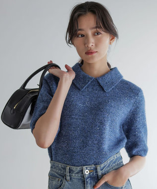 【加藤ローサさん着用 / 襟取り外し可】スパンコールヤーン 5分袖ニット