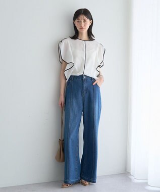YECCA VECCA 配色ラッフルスリーブブラウス Off White