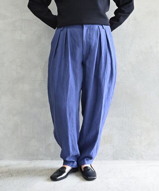 muuc 〈高品質ベルギーリネン100%〉ウエストゴムあり タックデザインスラックスパンツ ブルーネイビー