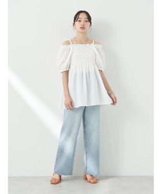 earth music&ecology ２ｗａｙショルダーシャーリングチュニック Off White