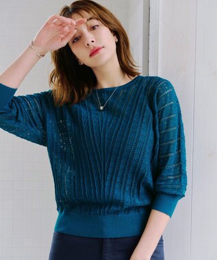 Tiaclasse 【洗える】透かし編みドルマンニットトップス ターコイズ