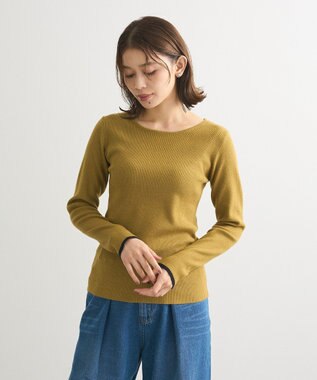 Green Parks もちっと袖配色ボートネックニットプルオーハ Green
