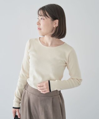 Green Parks もちっと袖配色ボートネックニットプルオーハ Ecru