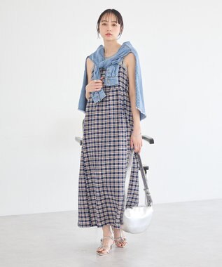 earth music&ecology シャーリングラメチェックキャミワンピース Navy