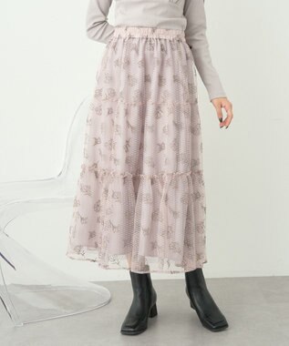 earth music&ecology フラワー刺繍チュールスカート Grayish Pink