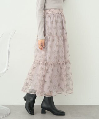 earth music&ecology フラワー刺繍チュールスカート Grayish Pink