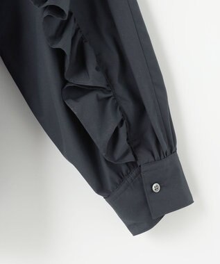 #Newans 【シワになりにくい/洗濯機可能】ラウンドフリルバンドカラーシャツ ネイビー