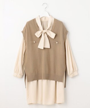Feroux 【セットアイテム】2WAYリボンタイ ワンピース × ニット ベスト ベージュ系