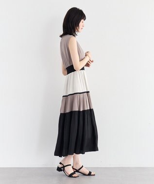 YECCA VECCA マルチカラーシャーリングワンピース Beige