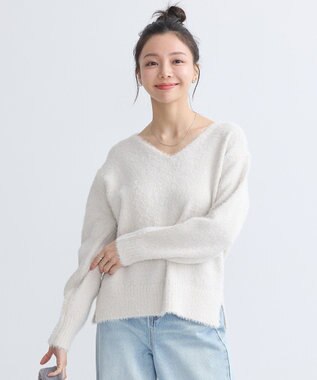 earth music&ecology スパンコールシャギーＶネックプルオーバー Ivory