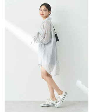 earth music&ecology 袖スリットリボンロングシャツ Gray