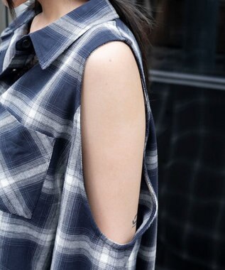 WEGO オープンショルダーチェックBIGシャツ ネイビー