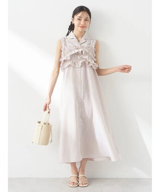 earth music&ecology ＳＥＴ２点シャーリングビスチェ×シャツワンピース Stripe Beige