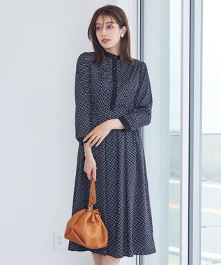 Tiaclasse 【新色追加・洗える】配色バンドカラー幾何学柄ワンピース ネイビー