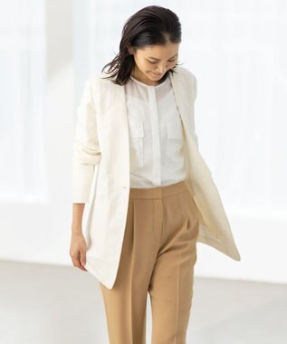 ICB 【吸水速乾機能付き】ペーパーコットンリネンツイル　ノーカラージャケット エクリュ系