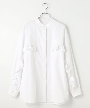 #Newans 【シワになりにくい/洗濯機可能】ラウンドフリルバンドカラーシャツ ホワイト