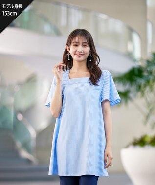 Tiaclasse 【洗える】ストライプフレアスリーブチュニックブラウス サックス