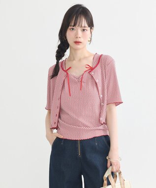earth music&ecology ＳＥＴ２点ギンガムメロ－カーデ＋リボンタンク Red