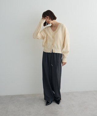 Green Parks チュールドッキングＶネックニットカーディガン Ivory