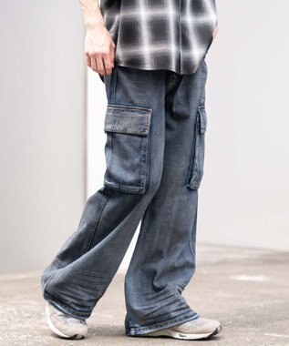 WEGO ローライズバギーフレアデニムカーゴパンツ デニム淡加工色