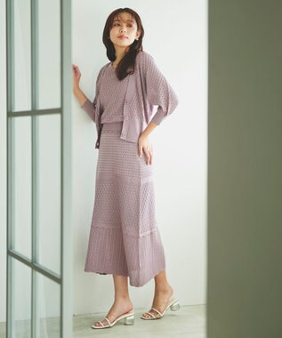 Feroux 【洗える】透かし編み カーディガン ライラック系