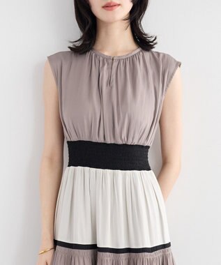 YECCA VECCA マルチカラーシャーリングワンピース Beige